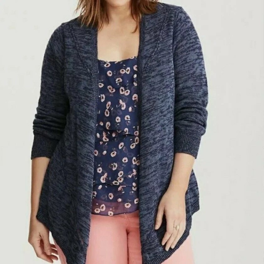 Torrid Womens Blue Space Dye Pointelle Back Sharkbite Open Front Cardigan Size 2